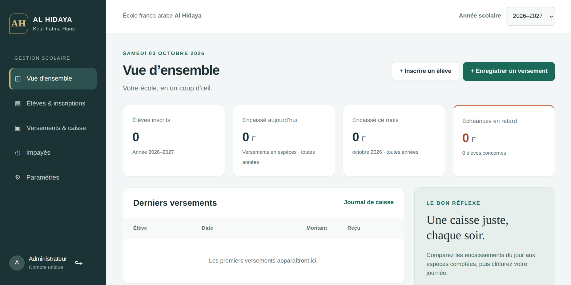 Tableau de bord Al Hidaya Gestion